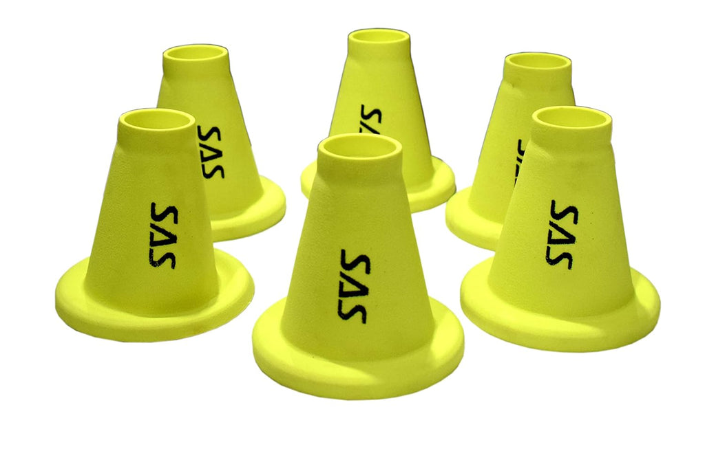 SAS SPORTS Cricket Batting Tee - Durable TPR Material | Cricket Cones for Exercise | Cricket Equipment Tee for Batting, Cricket Practice | Cricket Cones for Practice (Yellow, Pack of 6)