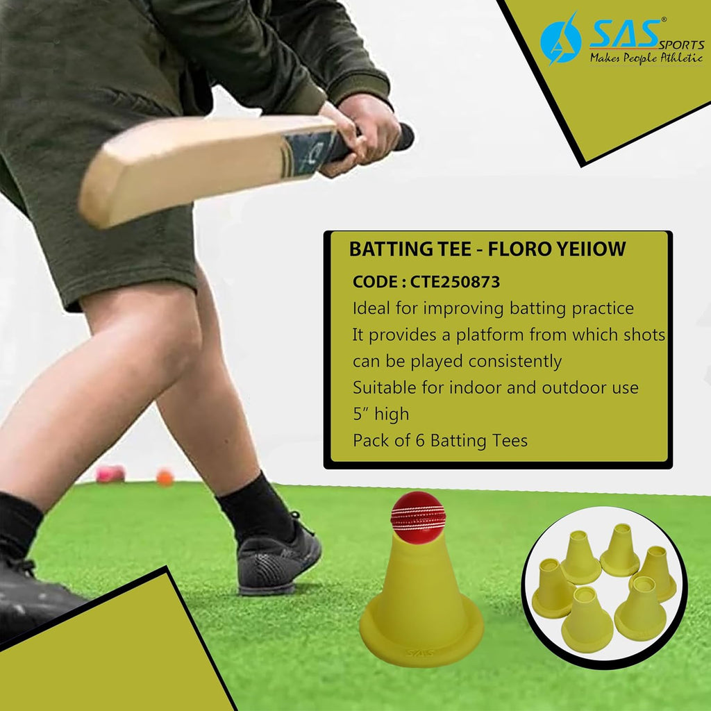 SAS SPORTS Cricket Batting Tee - Durable TPR Material | Cricket Cones for Exercise | Cricket Equipment Tee for Batting, Cricket Practice | Cricket Cones for Practice (Yellow, Pack of 6)